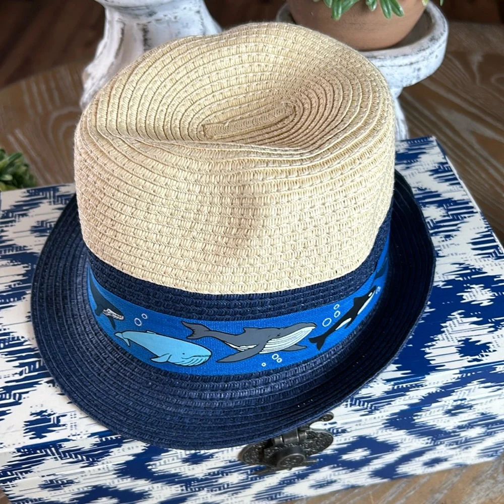Little Boys Navy Blue & Tan Brown Straw Fedora Hat Whale Stripe